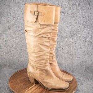 VIA SPIGA Taupe Distressed Ruched Leather Calf High Boots Size 7.5 M